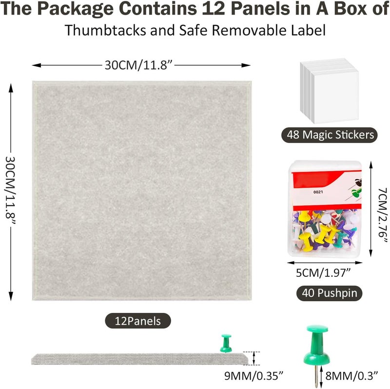 ZHIDIAN Felt Wall Tiles Bulletin Board with Removable Adhesive, 47"x35" Beige Cork Board Alternative with 40 Push Pins, 12 Pack Large Office Cork Tile Push Board Felt Squares for Walls - Image 2